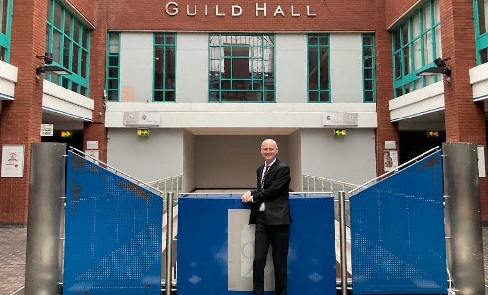 Cllr Brown inside the Guild Hall