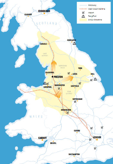 A map of the UK with Preston in the centre, highlighting key surrounding cities.